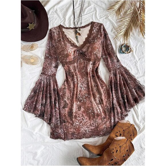 Women's Boho Flared Sleeve Mini Dress with Floral Prints for Vacation and Casual - Picture 3 of 5
